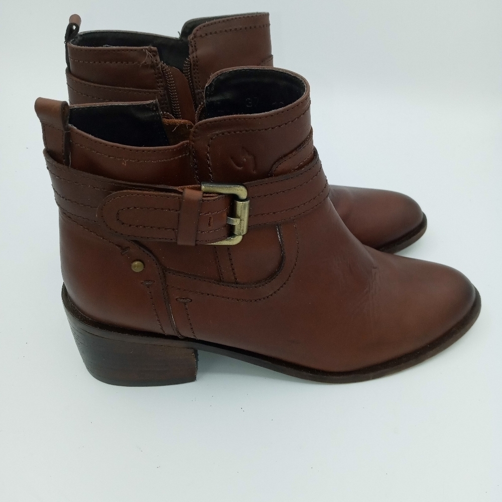 Velez Genuine Dark brown Leather Ankle Boots Zip Up Sides Buckle Accent
